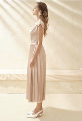 Silk Midi Dress with Draped Neckline and Knife-Pleated Skirt for Elegant Movement